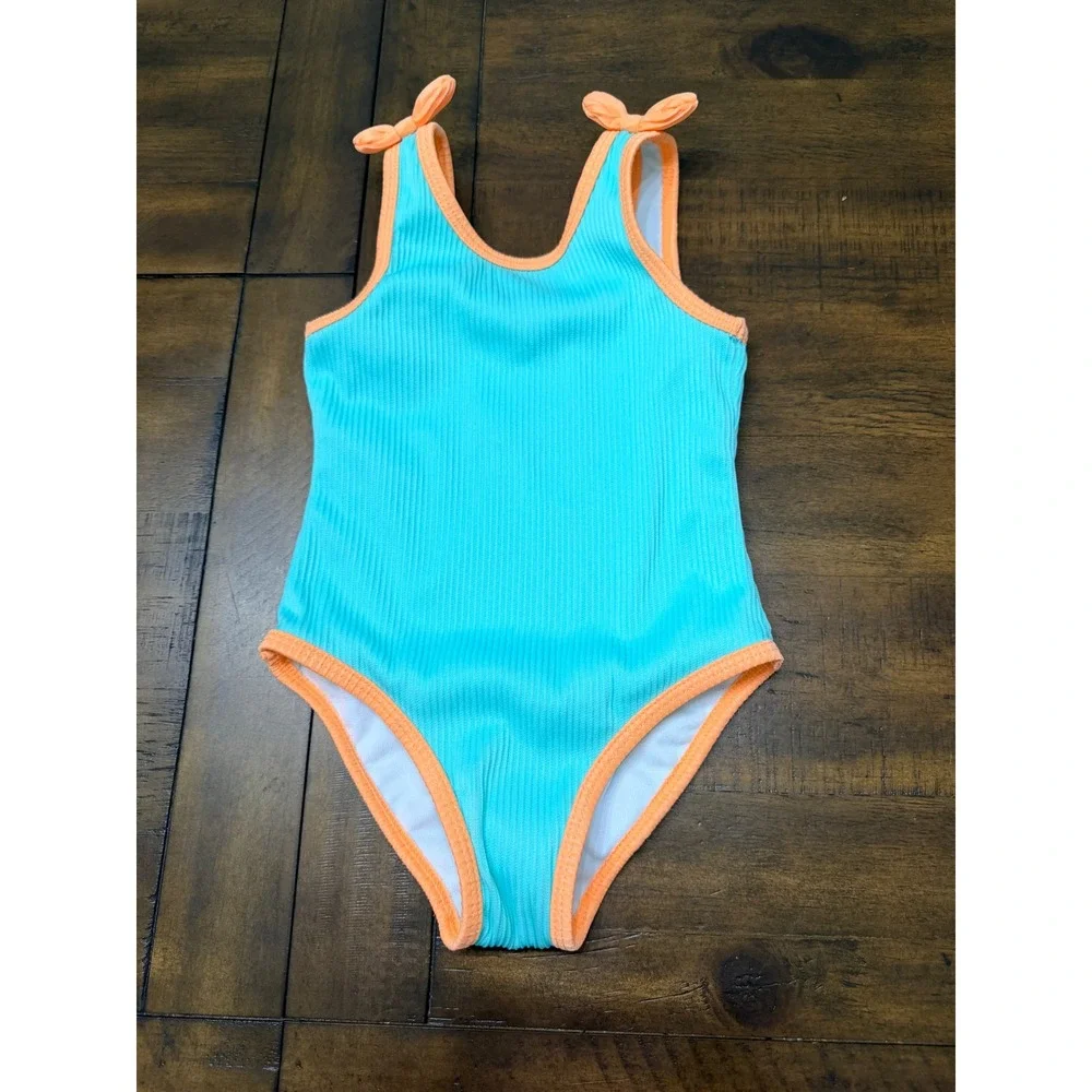 Cat & Jack Girls 2T Aqua Blue Orange Ribbed One Piece Swimsuit w/ Shoulder Bows